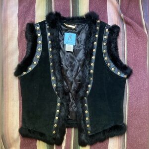 Marciano Black leather studded vest real fur trim